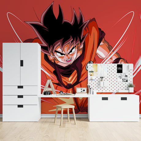 Dragon Ball wallpaper mural showcased in modern gaming room with LED lighting and gaming setup