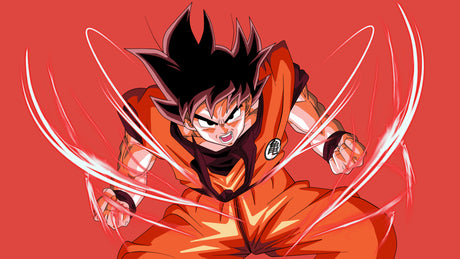 Dragon Ball Goku design file showing detailed battle pose with red dynamic background pattern