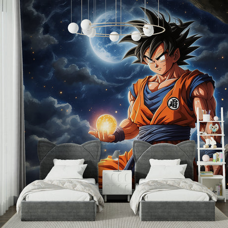 Dragon Ball anime wallpaper mural showcased in a modern gaming room with LED lighting effects