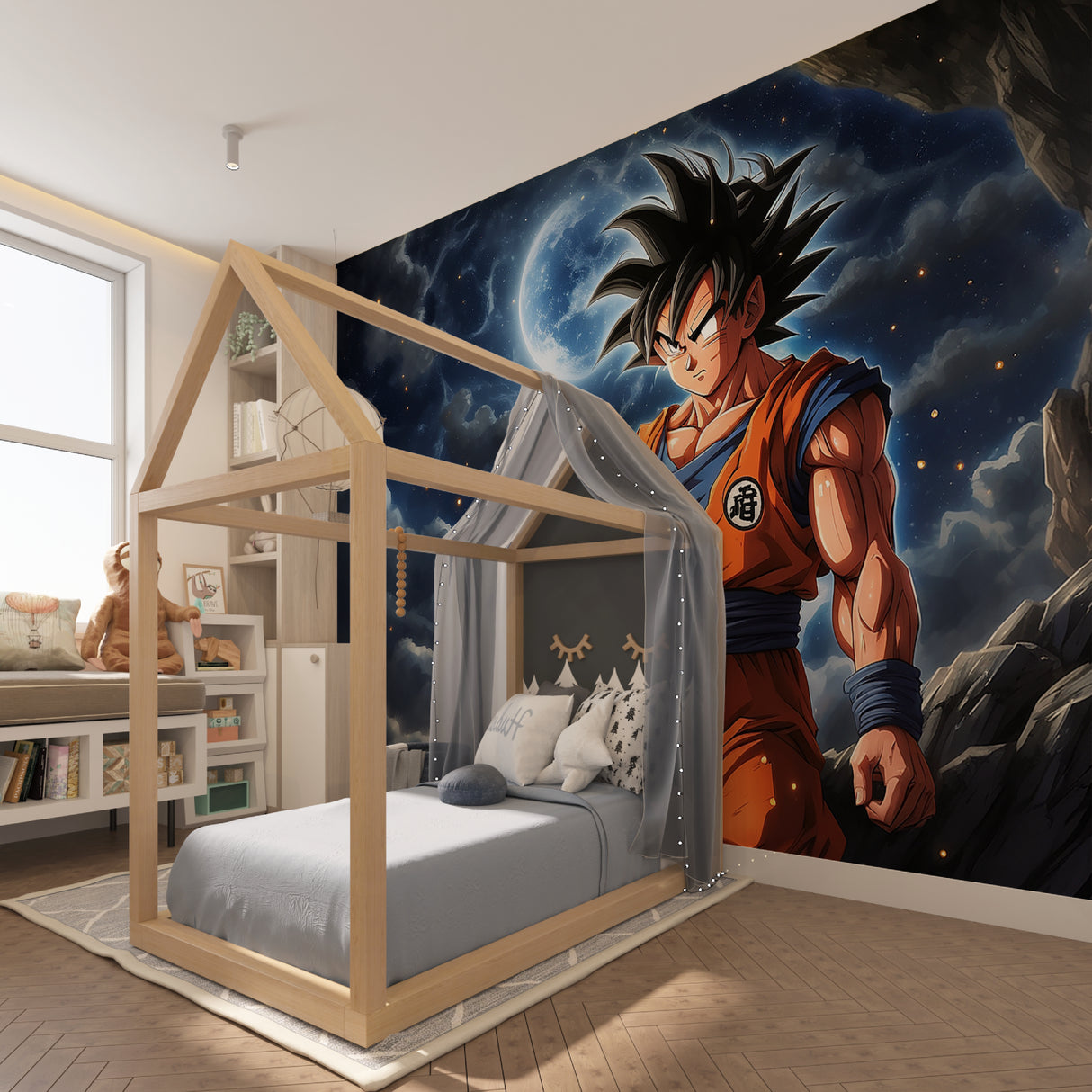 Anime wall mural featuring Dragon Ball scene in a teen bedroom with gaming setup