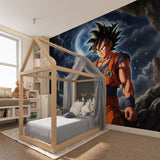 Anime wall mural featuring Dragon Ball scene in a teen bedroom with gaming setup