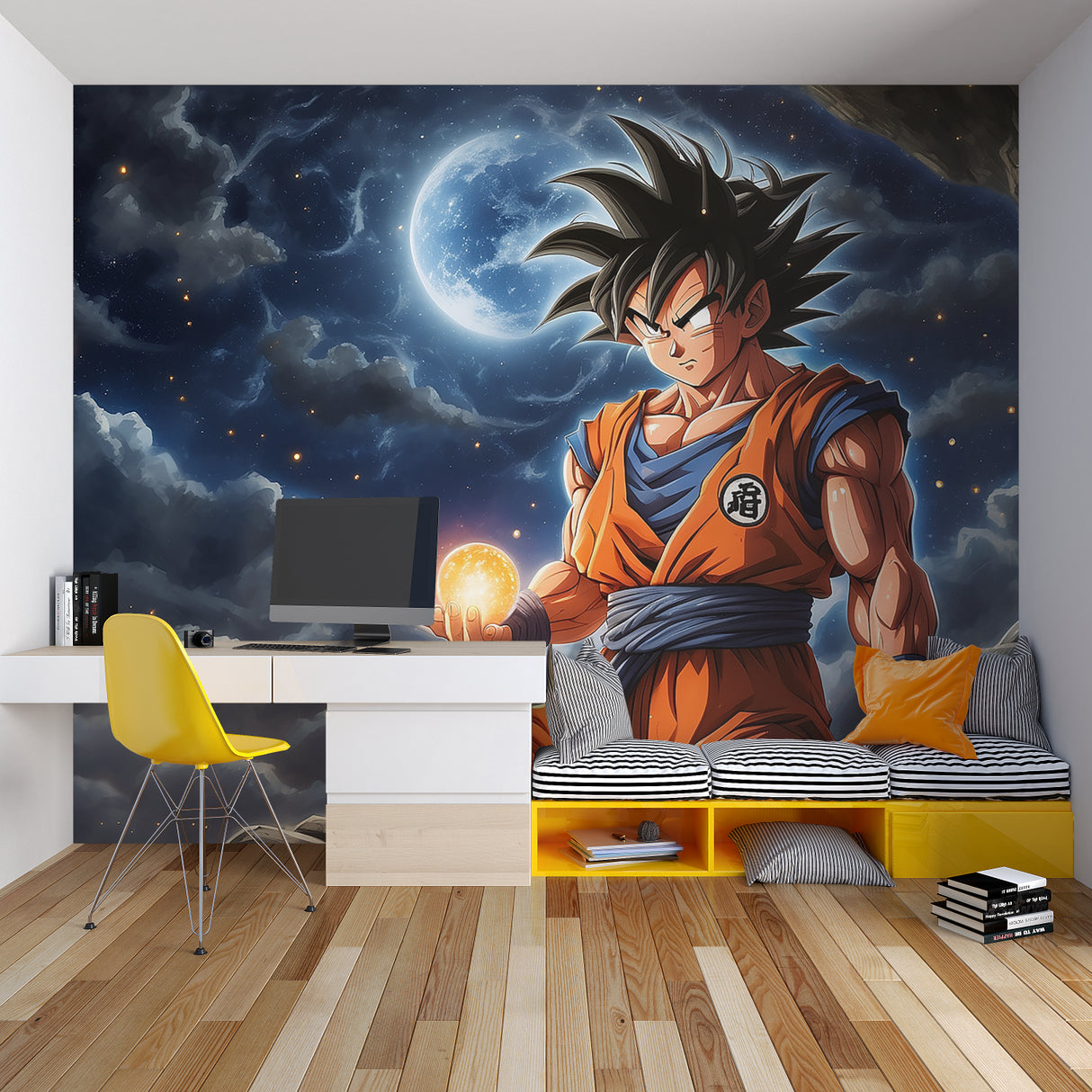 Japanese anime wallpaper displayed in a fan cave with collectibles