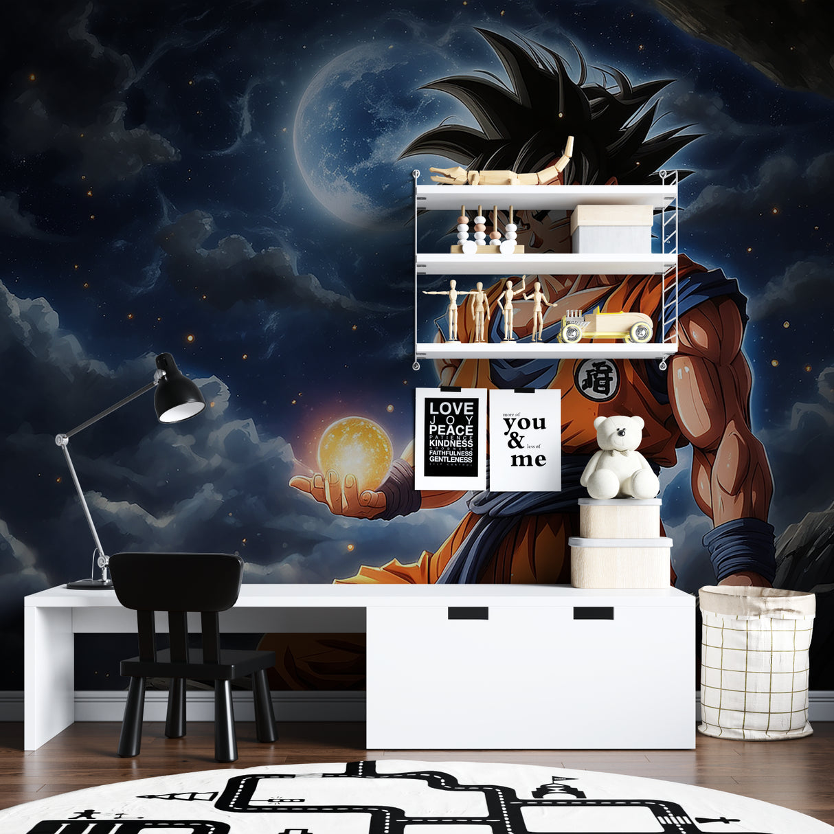 Manga themed wall mural installation in a stylish entertainment space