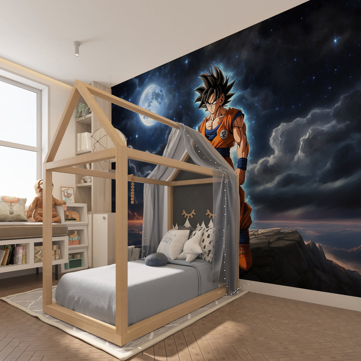 Dragon Ball anime wallpaper mural in modern gaming room with LED lighting