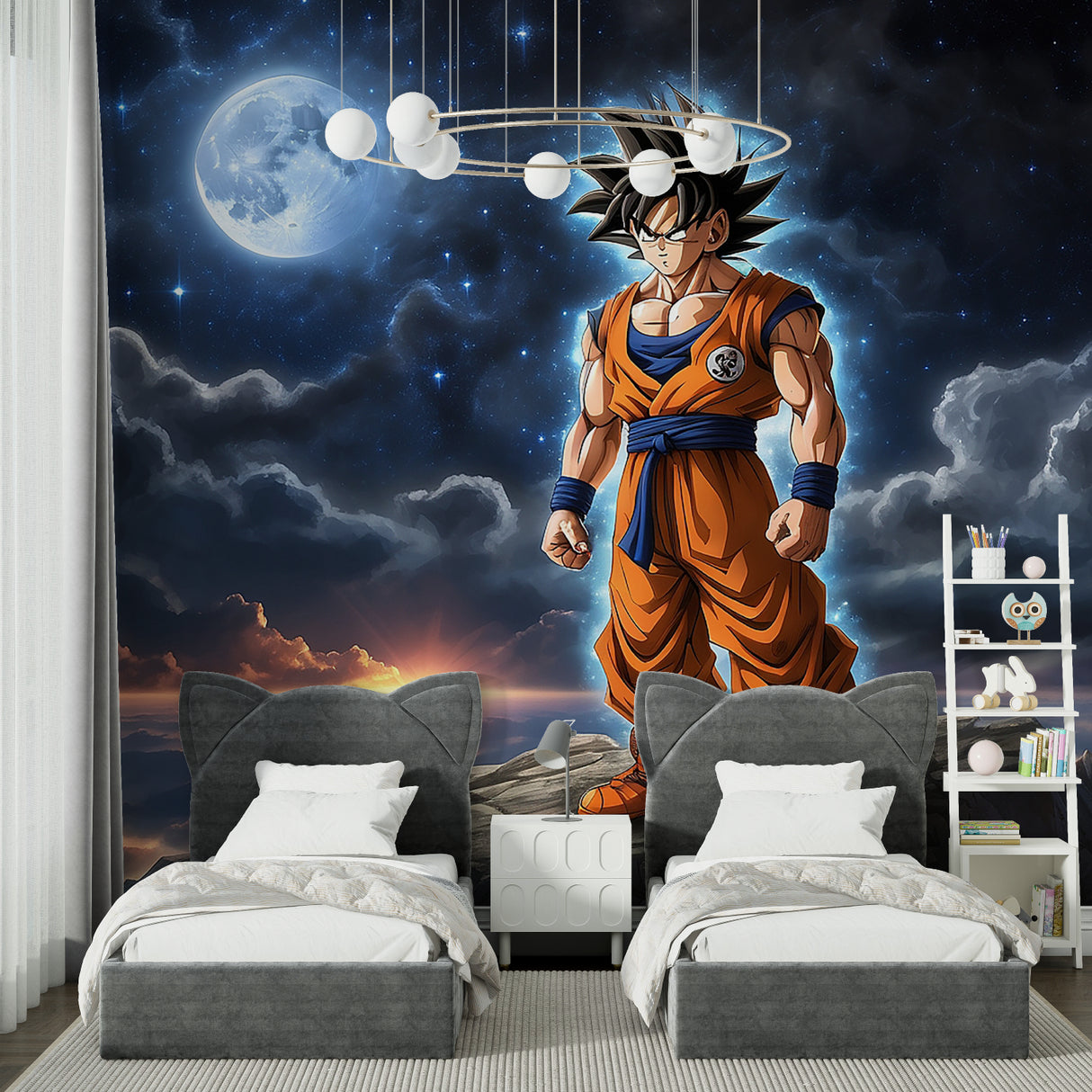 Anime wall mural featuring night sky scene in teen bedroom setup