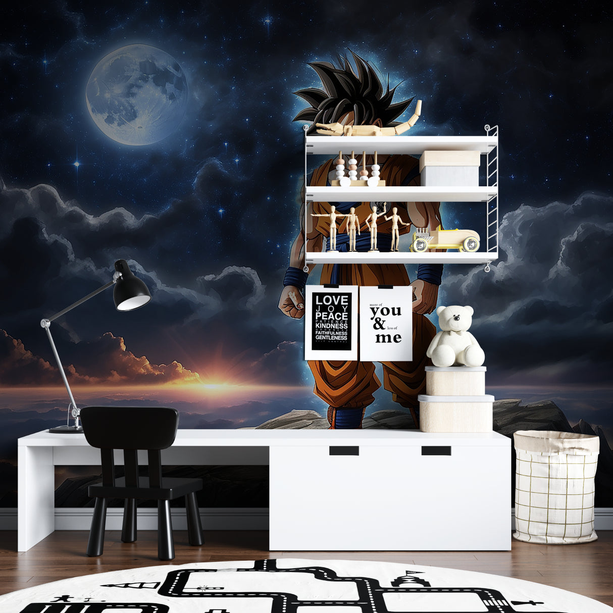 Dragon Ball wall mural showcased in fan cave with ambient lighting