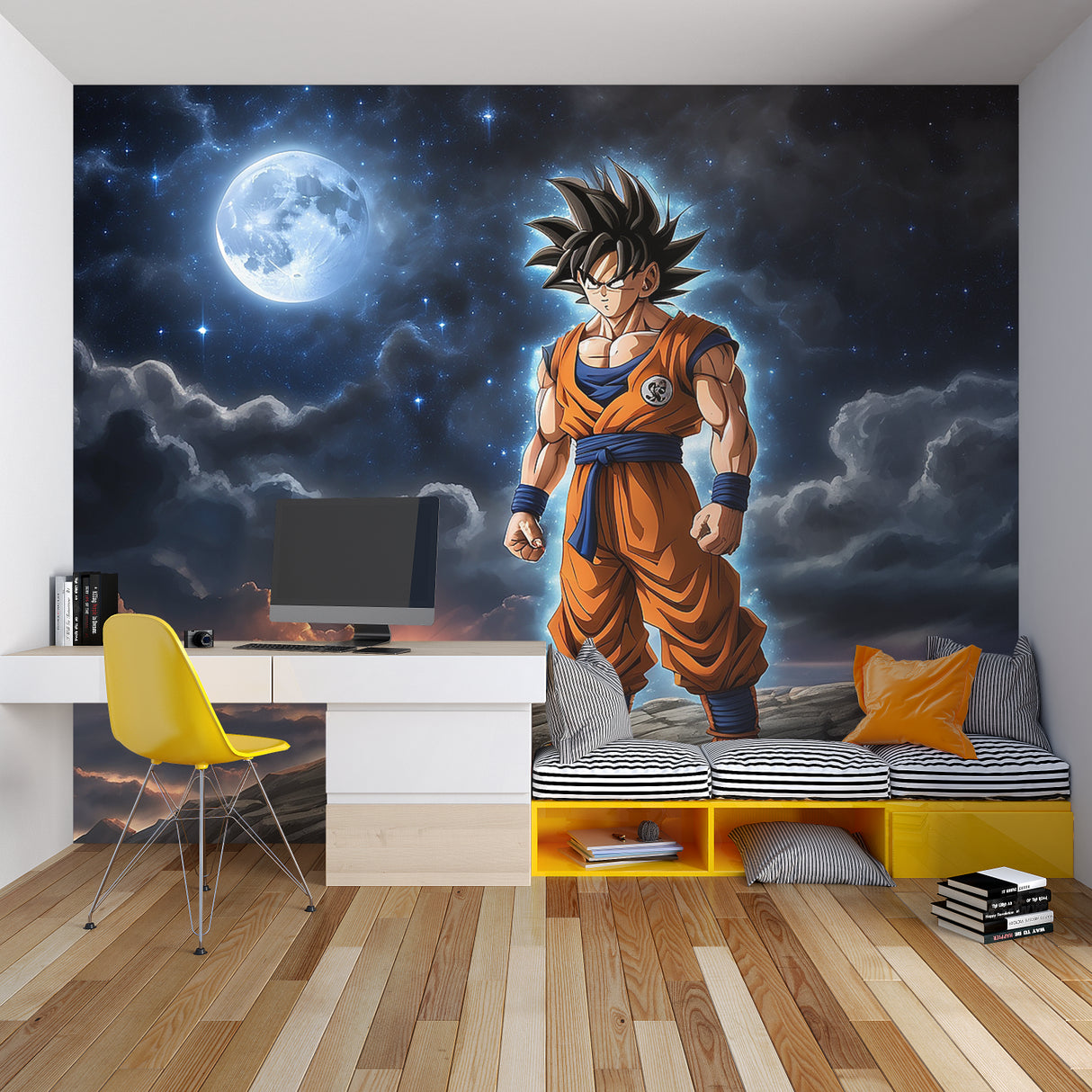Anime themed wallpaper installation in collector's room display