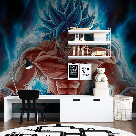 Dragon Ball anime wallpaper creating amazing atmosphere in modern gaming room with LED accent lighting