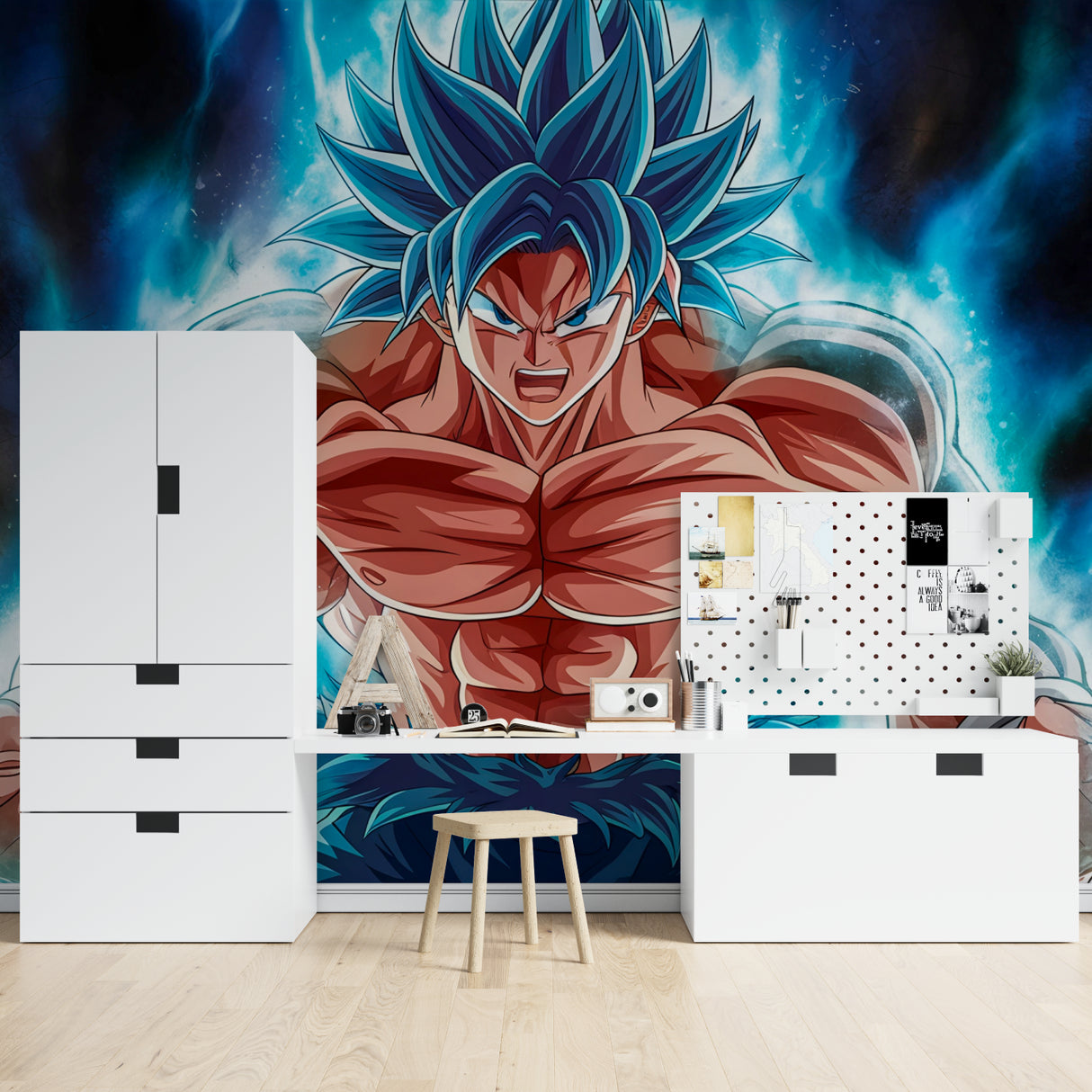Anime wall mural featuring blue energy design in teen bedroom with gaming setup