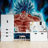 Anime wall mural featuring blue energy design in teen bedroom with gaming setup
