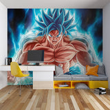 Manga inspired wall design showcased in modern fan room with blue lighting