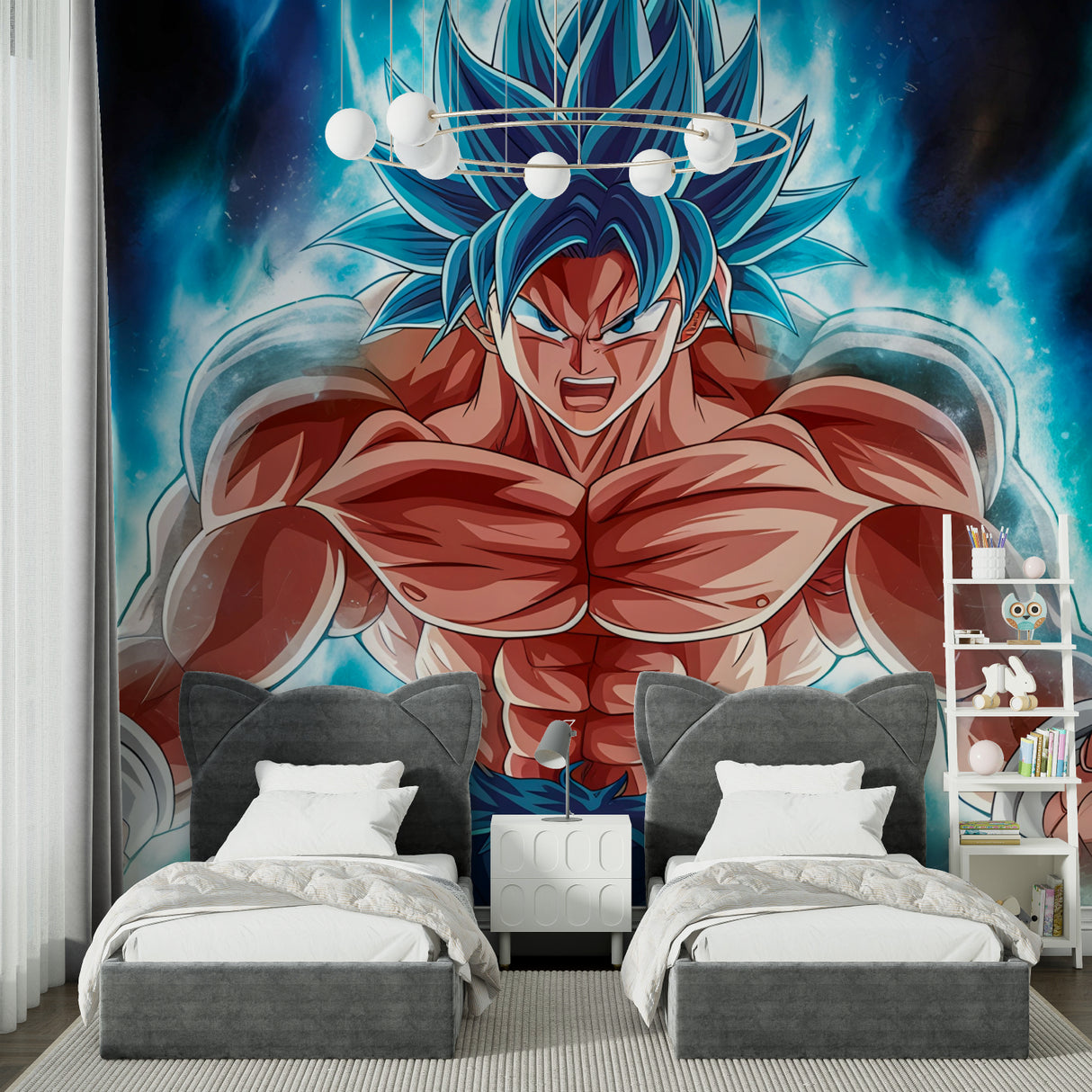 Anime mural installation in spacious media room with gaming corner