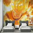 Dragon Ball Super Saiyan wallpaper in modern gaming room with LED lighting setup