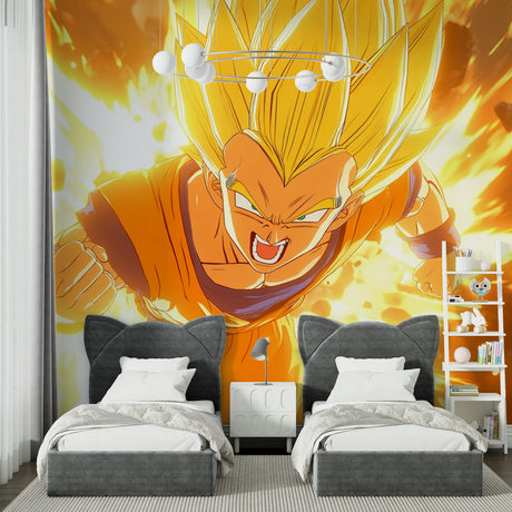Dragon Ball Super Saiyan wallpaper in modern gaming room with LED lighting setup