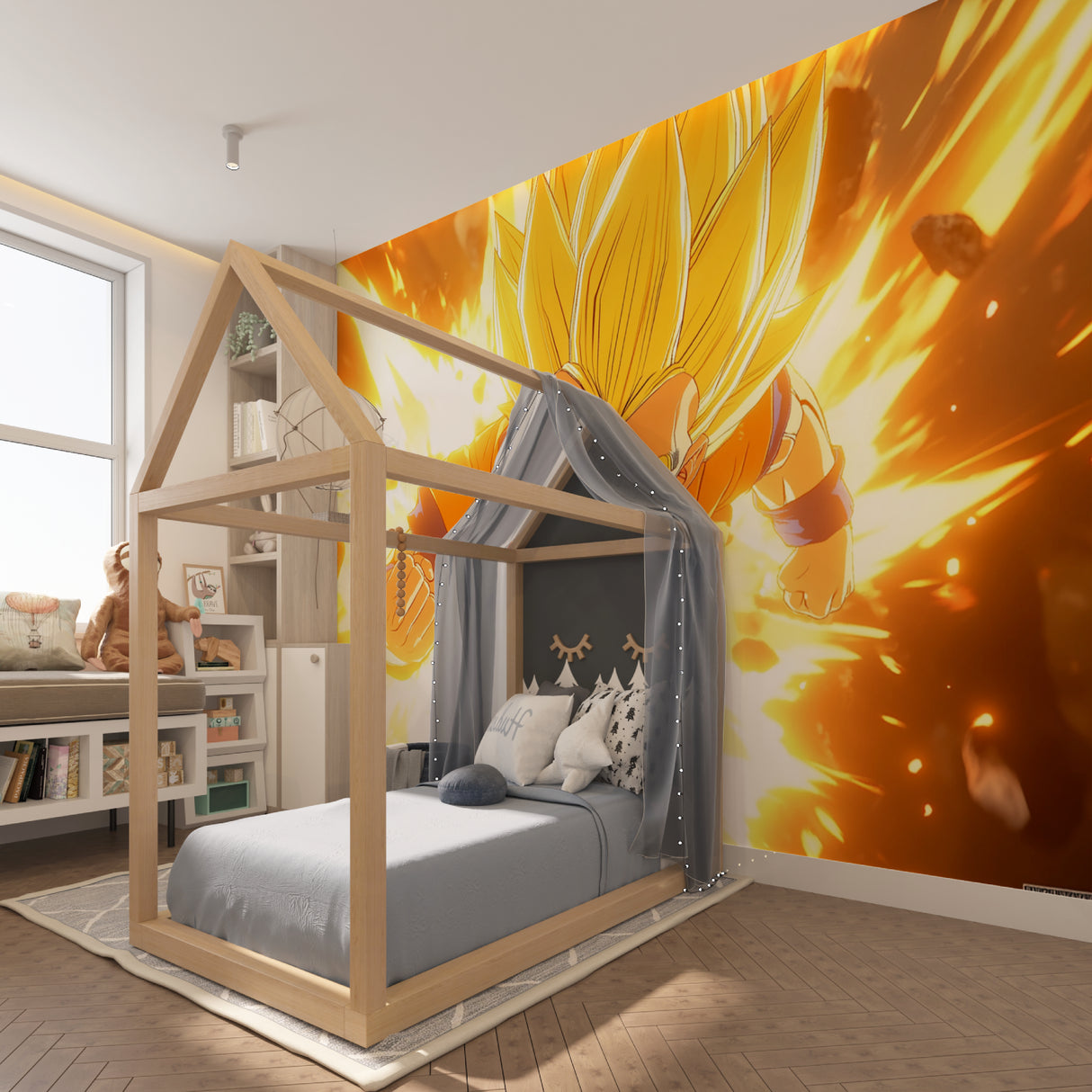 Anime wall mural featuring Super Saiyan power in teen bedroom with gaming desk