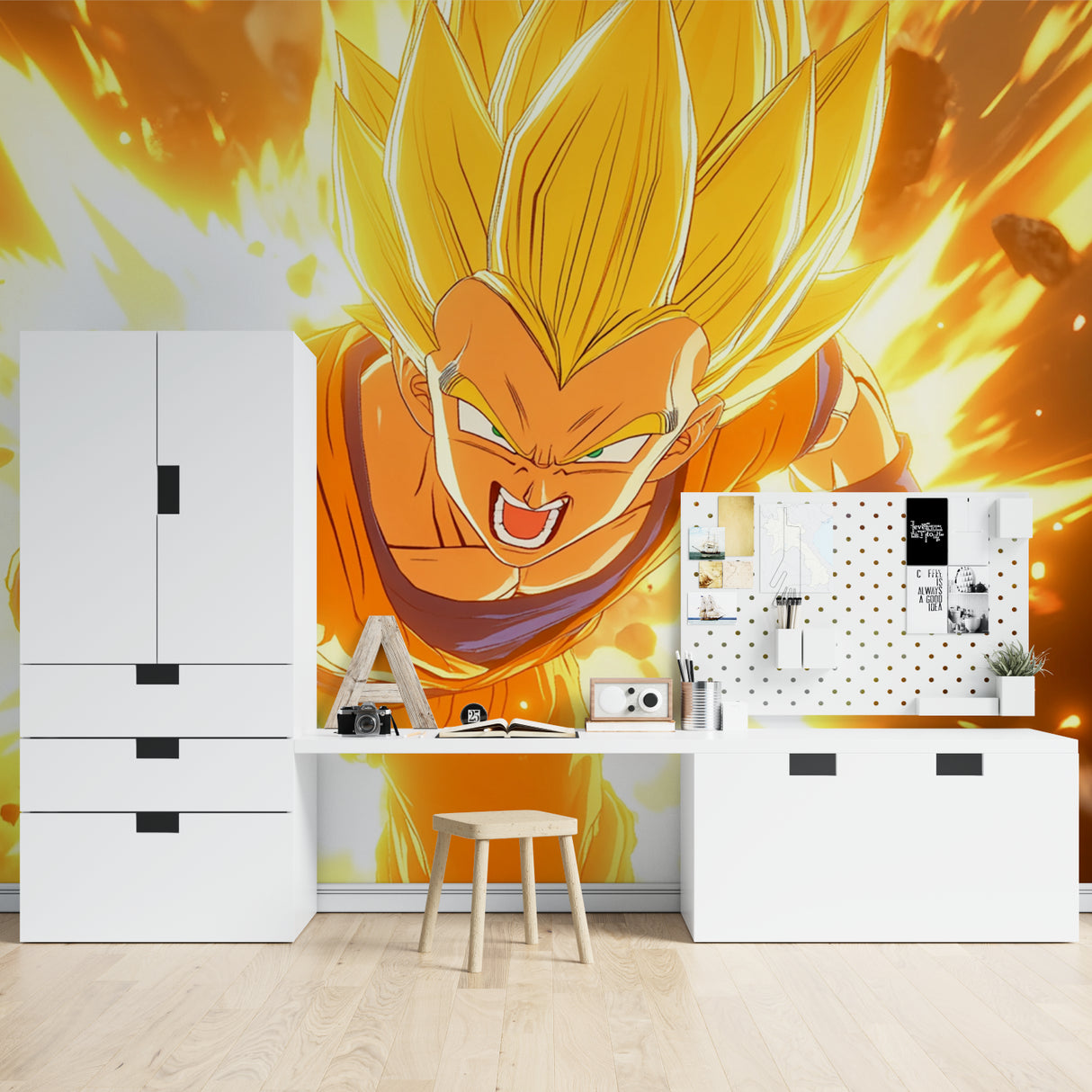 Japanese anime mural displayed in modern apartment living room