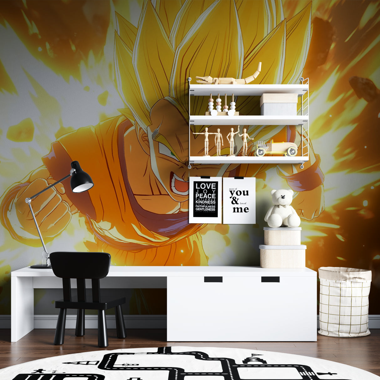 Dragon Ball Super wallpaper in minimalist streaming setup room