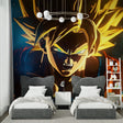 Dragon Ball anime wallpaper mural showcased in a modern gaming room with LED lighting and gaming setup
