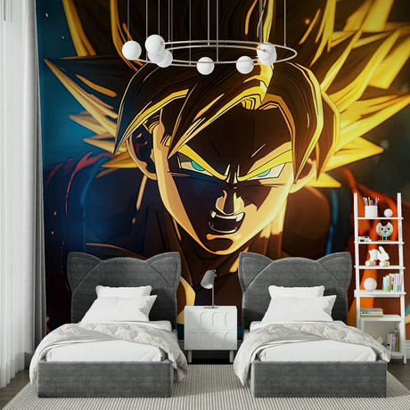 Dragon Ball anime wallpaper mural showcased in a modern gaming room with LED lighting and gaming setup
