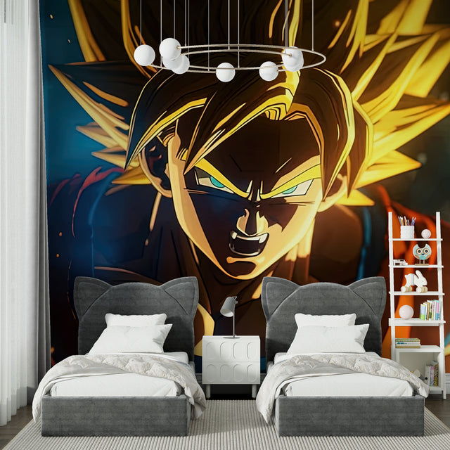 Dragon Ball anime wallpaper mural showcased in a modern gaming room with LED lighting and gaming setup