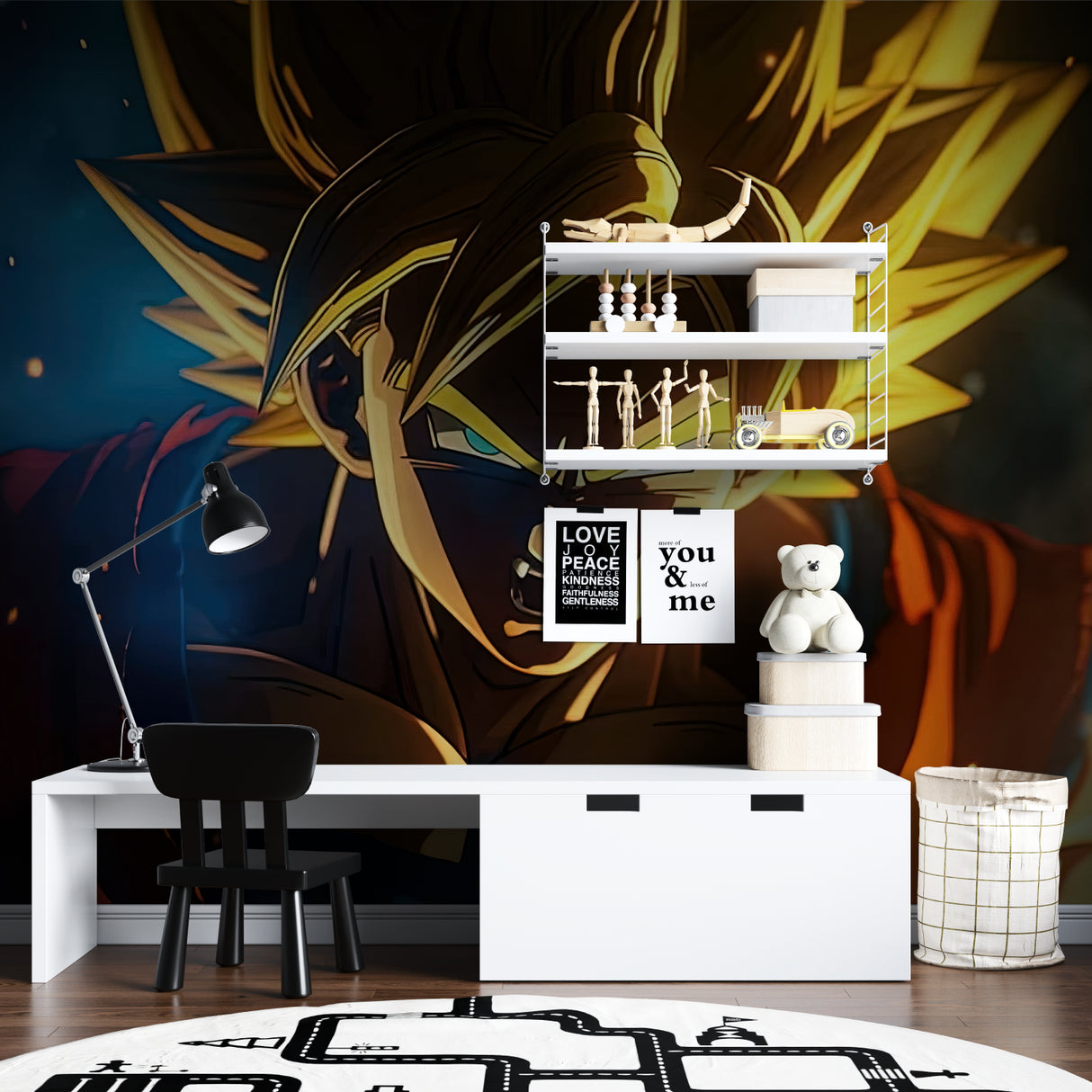 Anime wall mural bringing energy to a teen bedroom with contemporary furniture
