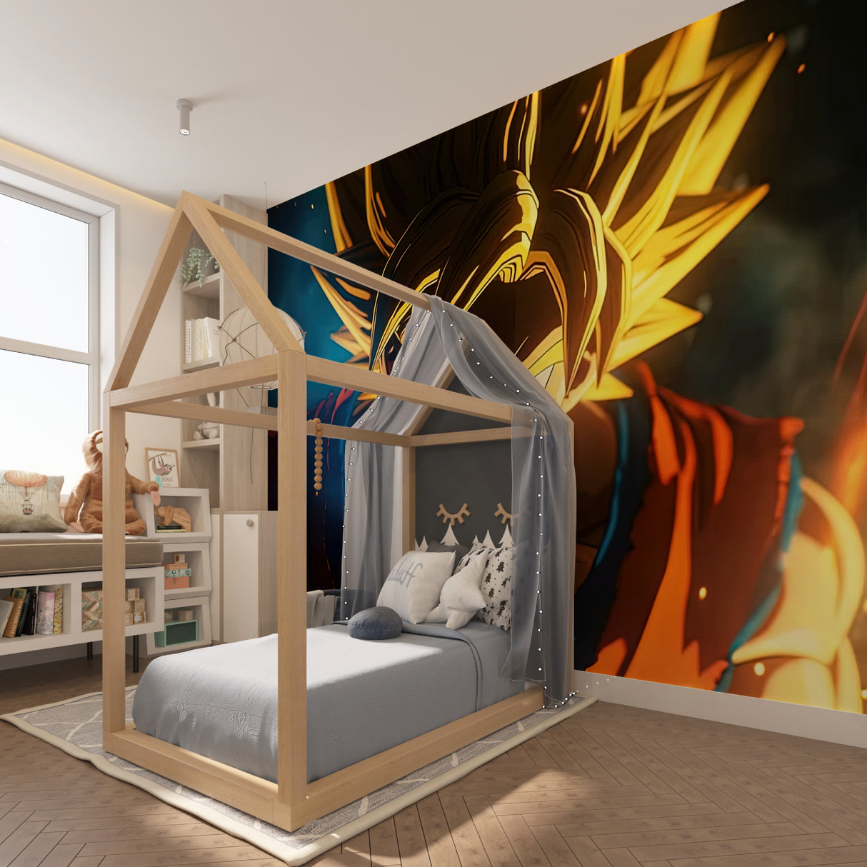 Dragon Ball Super mural creating impact in a minimalist room setting