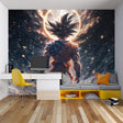 Dragon Ball Ultra Instinct anime wallpaper mural shown in modern gaming room with LED lighting