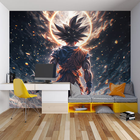 Dragon Ball Ultra Instinct anime wallpaper mural shown in modern gaming room with LED lighting
