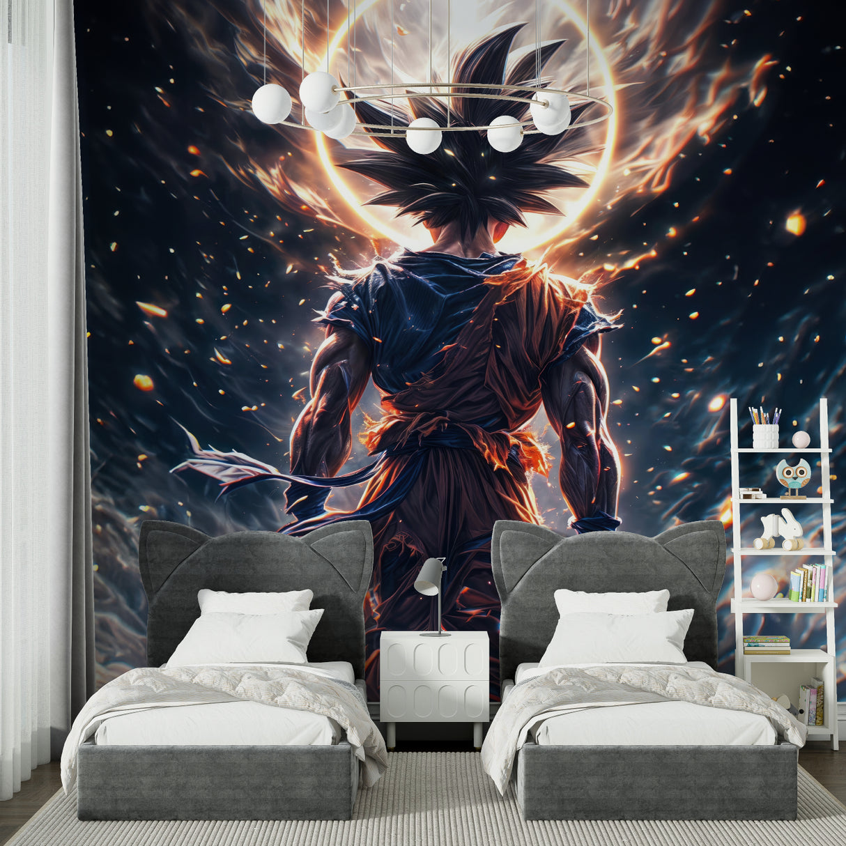 Anime wall mural featuring Ultra Instinct scene displayed in teen bedroom