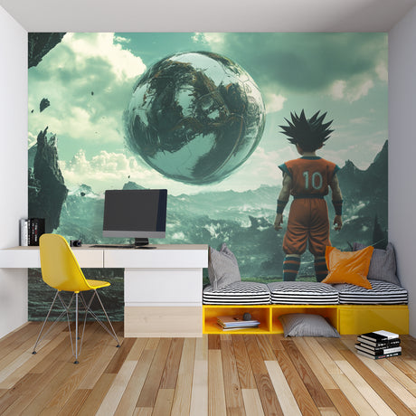 Dragon Ball anime wallpaper mural showcased in a modern gaming room with LED lighting