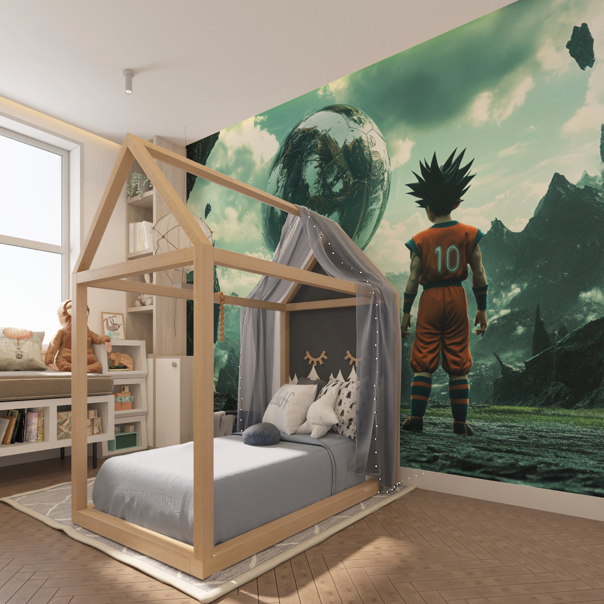 Anime wall mural featuring Dragon Ball scene in a teen bedroom setup