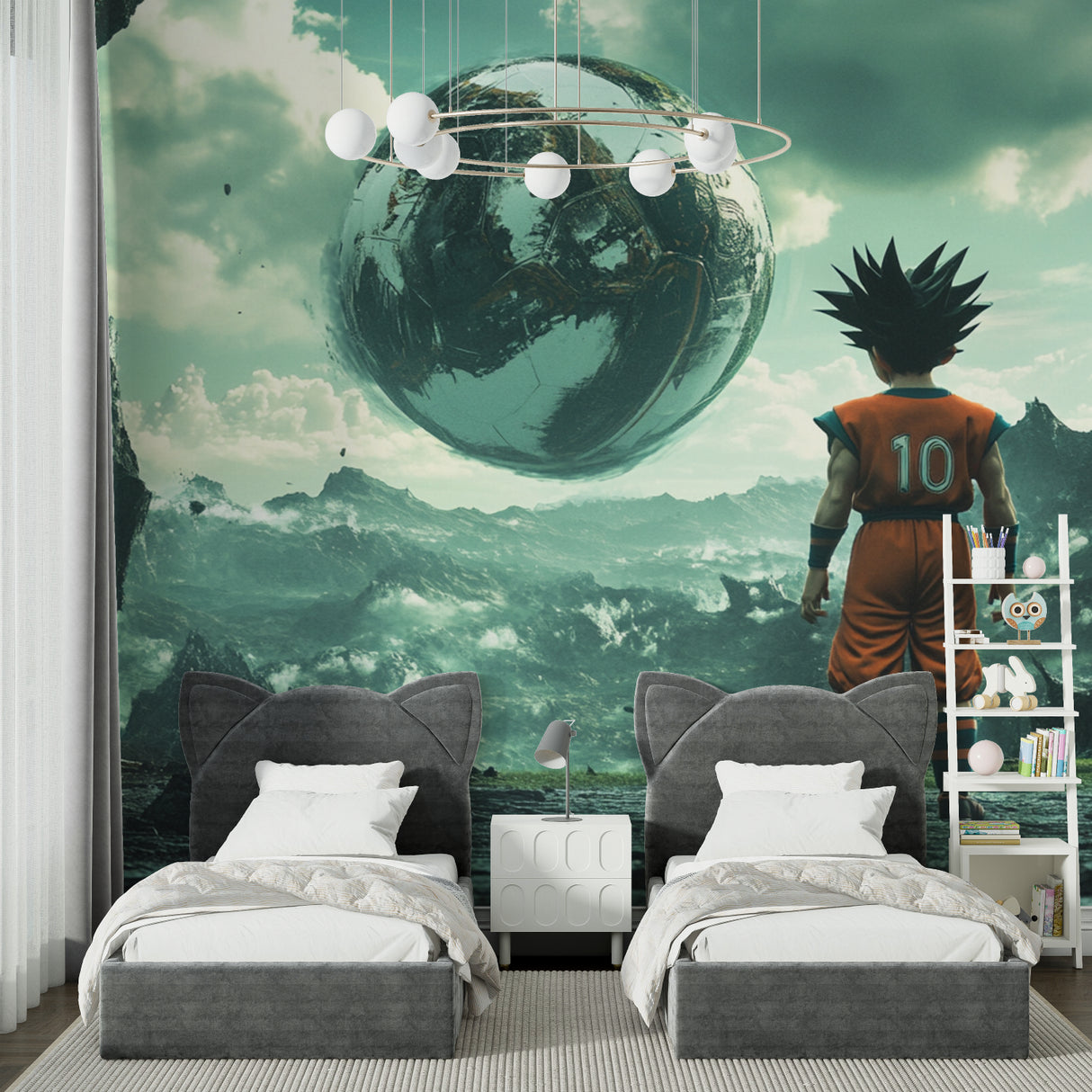 Dragon Ball wallpaper design displayed in a stylish entertainment room