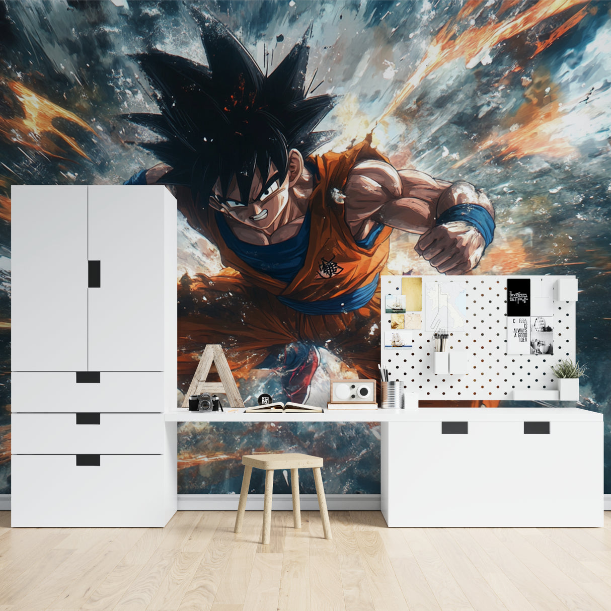 Dragon Ball Z battle wallpaper displayed in modern gaming room with LED lighting