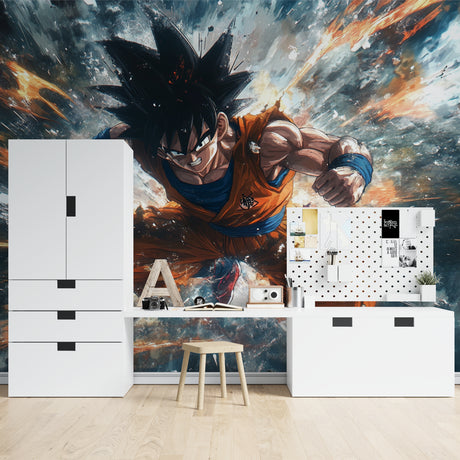 Dragon Ball Z battle wallpaper displayed in modern gaming room with LED lighting