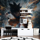 Dragon Ball Z wallpaper showcased in fan cave with gaming equipment