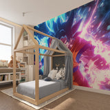 Anime battle scene wallpaper creating energy in a teen bedroom