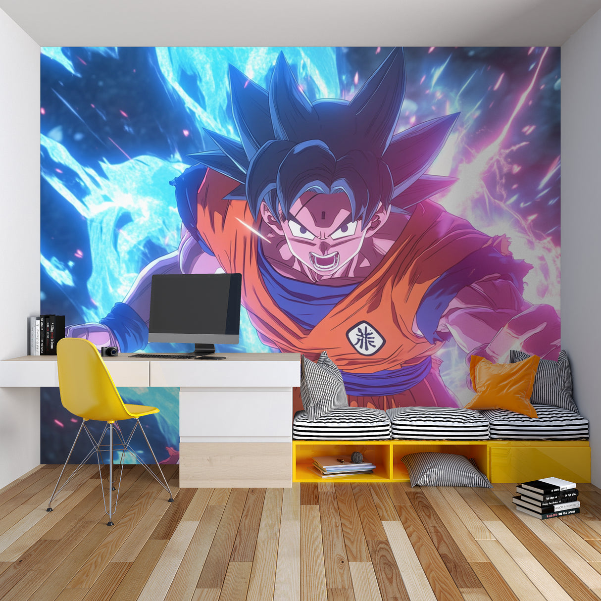 Manga wall mural showcasing dynamic battle action in a study room