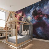 Dragon Ball Z battle scene wallpaper creating epic atmosphere in teen gaming room with LED lighting