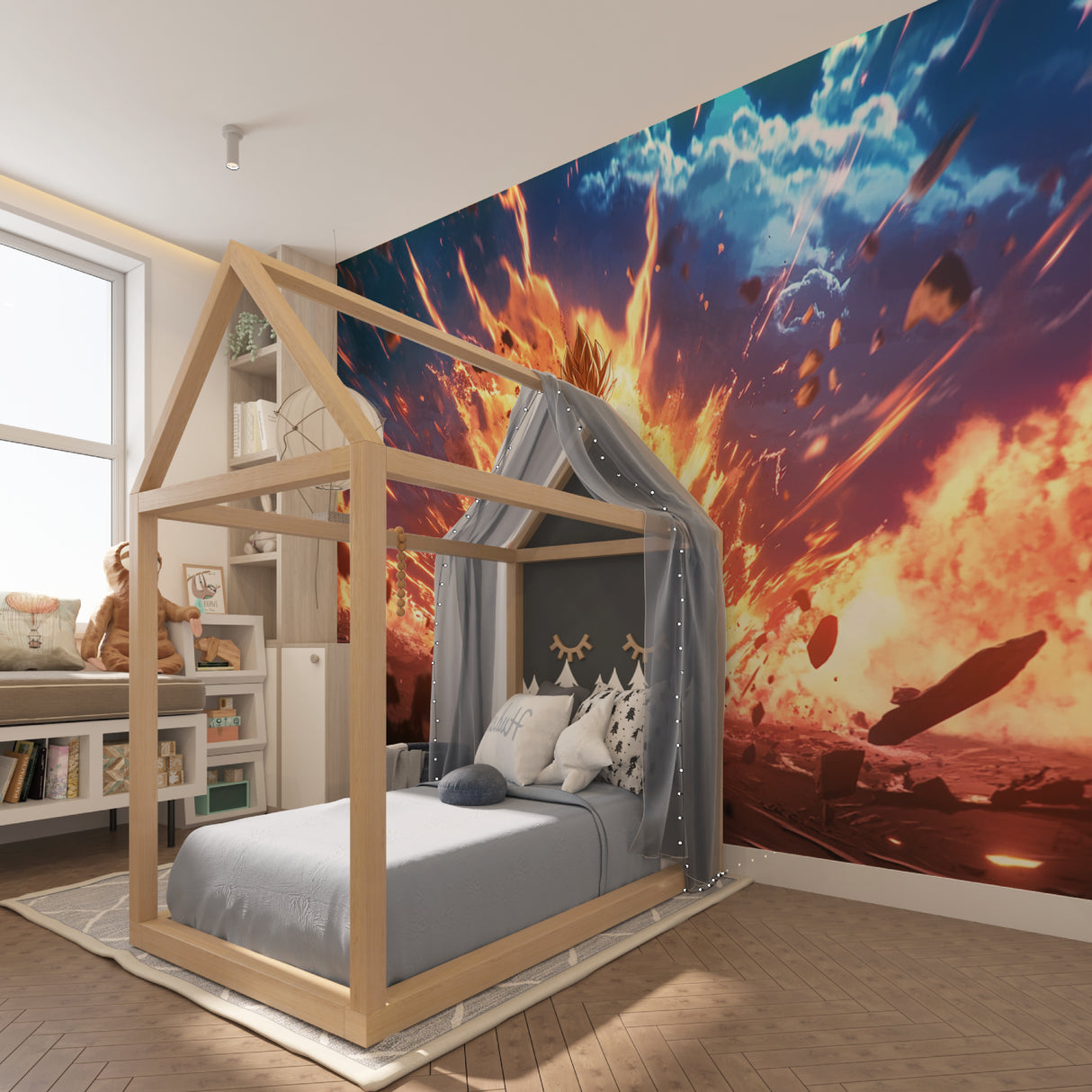 Dragon Ball Z battle mural wallpaper displayed in a modern gaming room with LED lighting