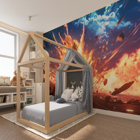 Dragon Ball Z battle mural wallpaper displayed in a modern gaming room with LED lighting