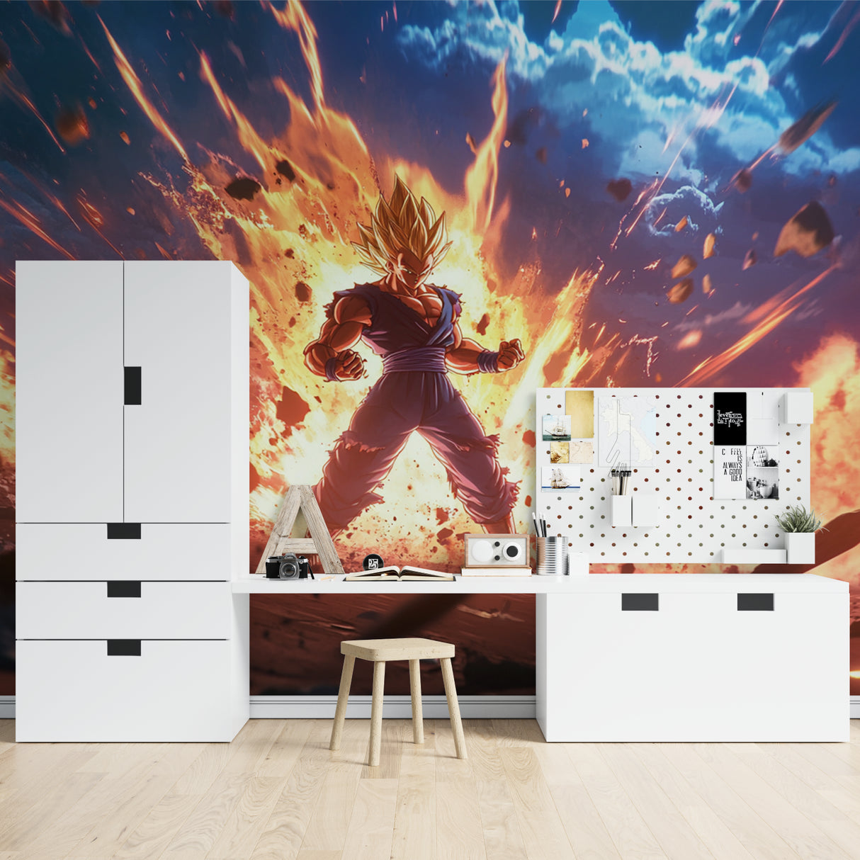 Anime wall mural featuring Dragon Ball Z characters in a teenager's bedroom setup