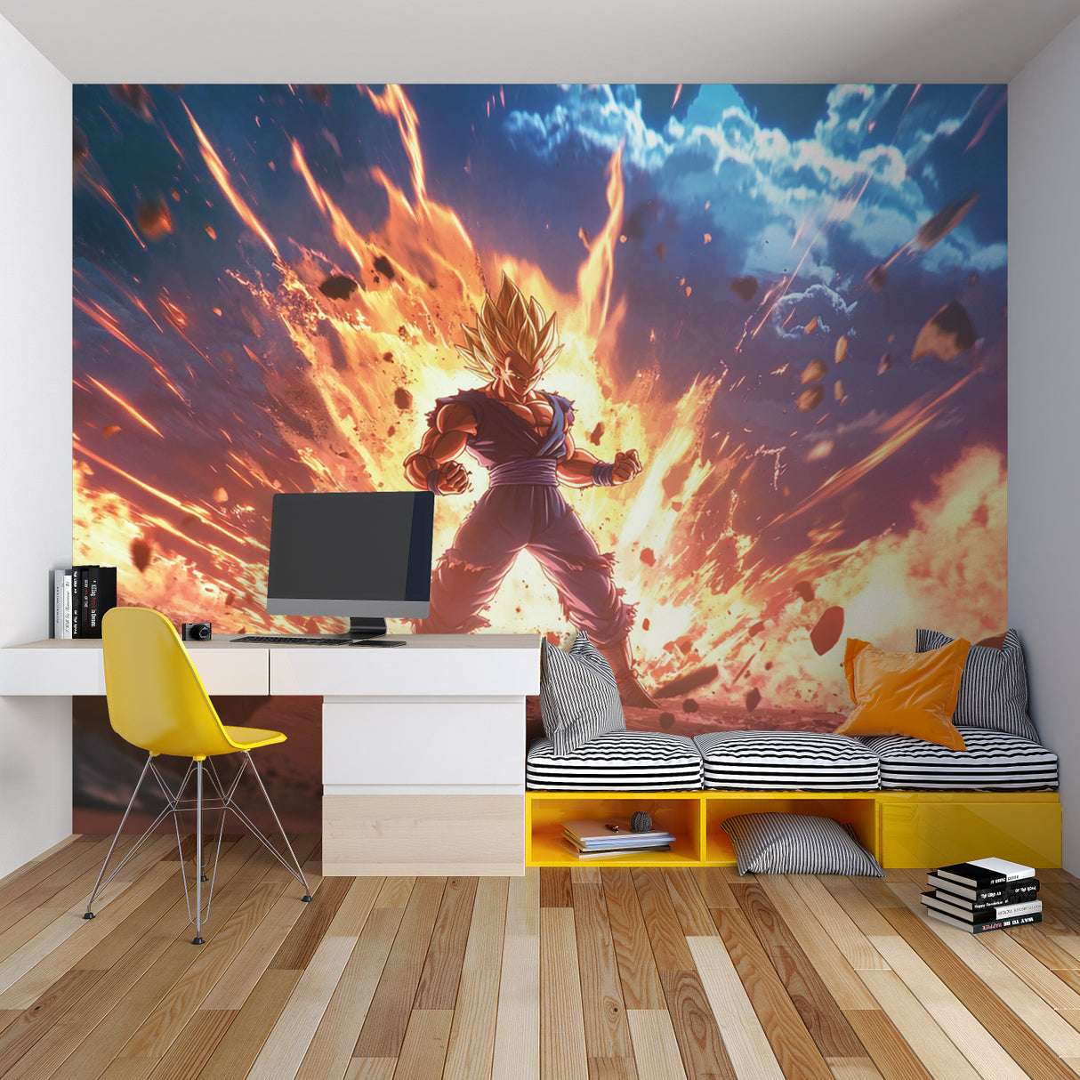 Dragon Ball Z wallpaper mural showcased in a fan cave with gaming setup