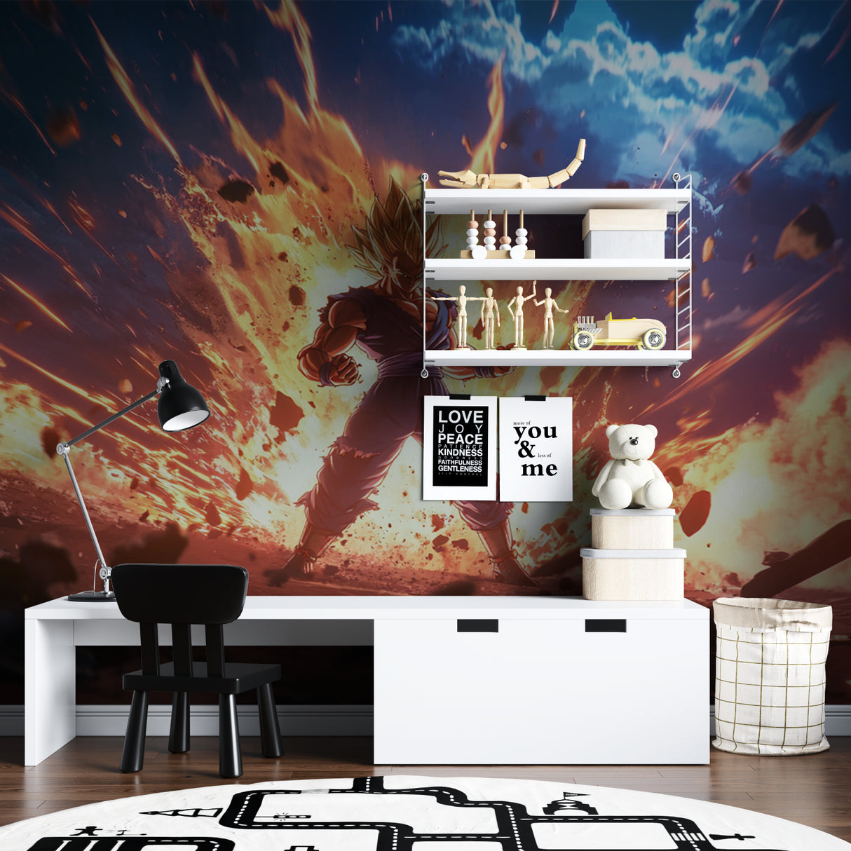 Anime battle scene mural installed in a modern entertainment room