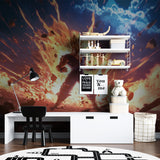 Anime battle scene mural installed in a modern entertainment room