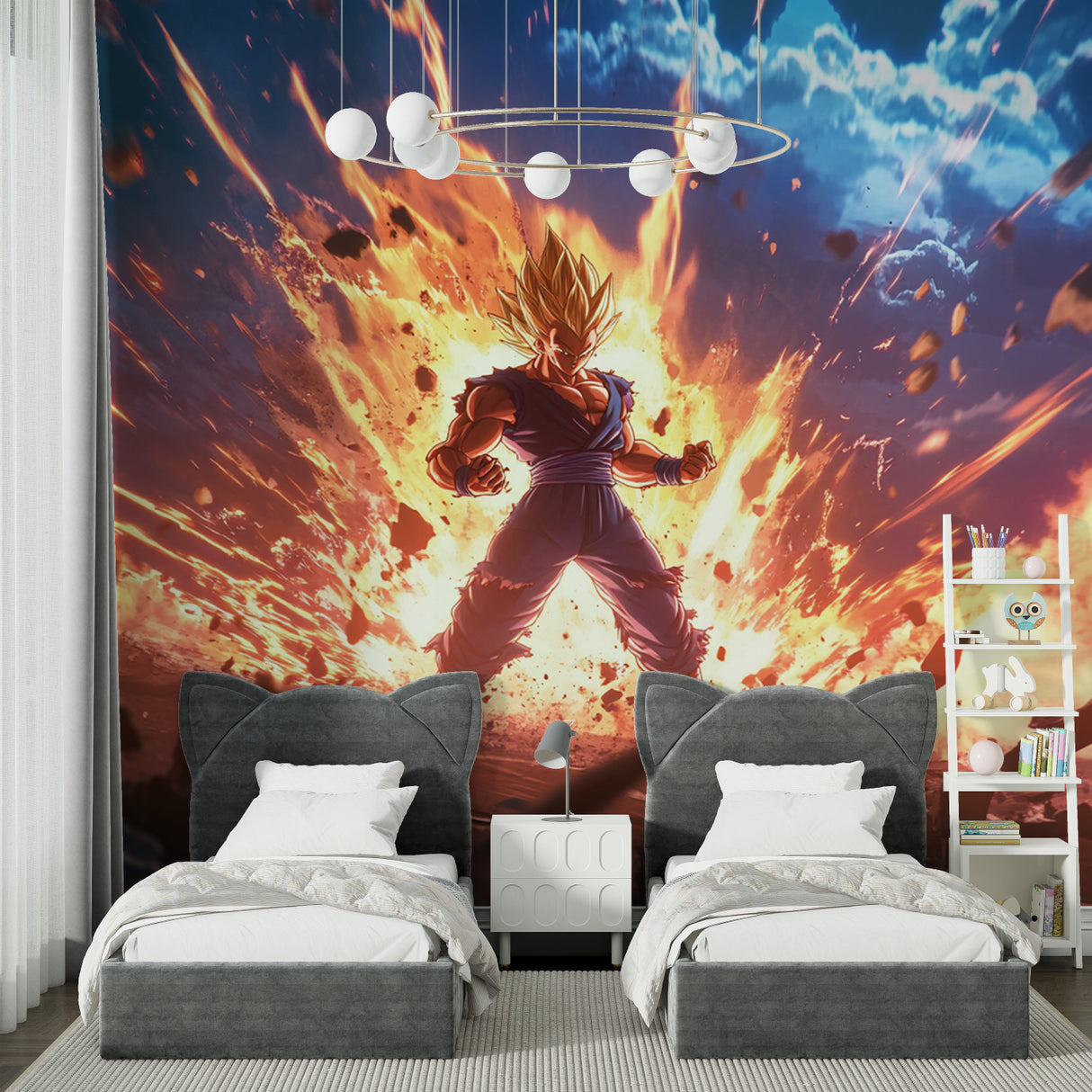 Dragon Ball Z mural bringing energy to a spacious living room setting