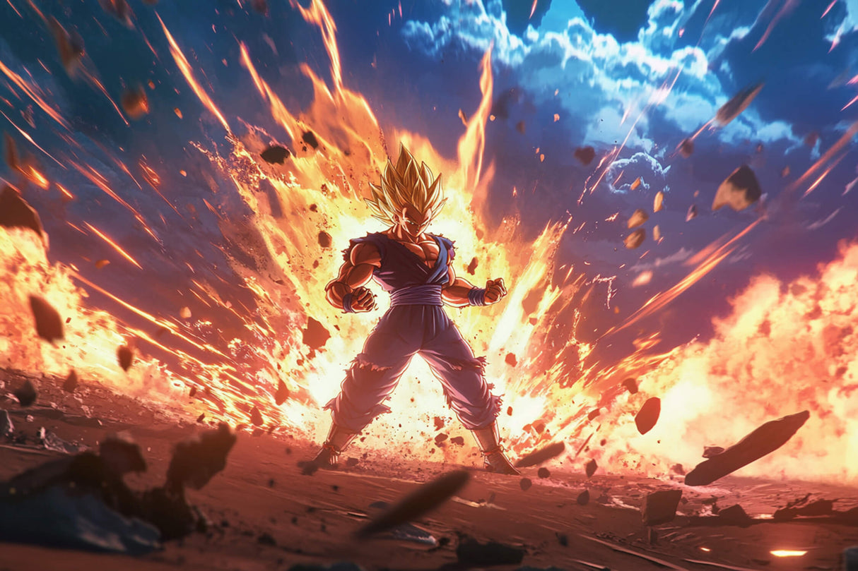 Design file showing detailed Dragon Ball Z battle scene with dramatic sky effects