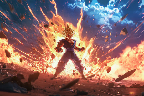Design file showing detailed Dragon Ball Z battle scene with dramatic sky effects