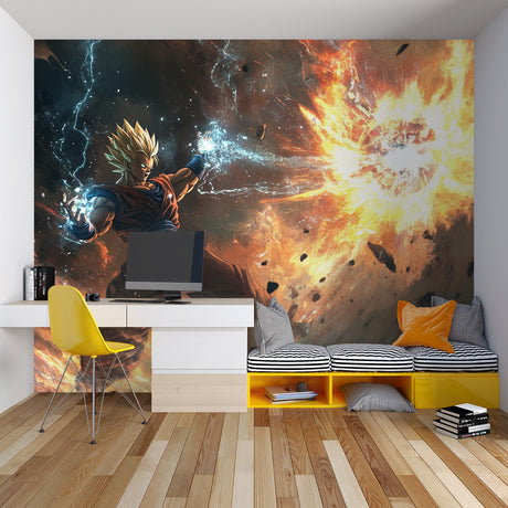 Dragon Ball Z battle wallpaper creates epic atmosphere in modern gaming room setup