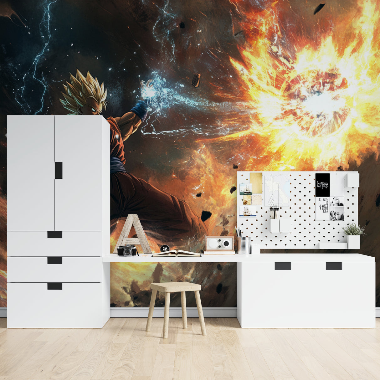 Anime battle mural bringing energy to teen bedroom with gaming station