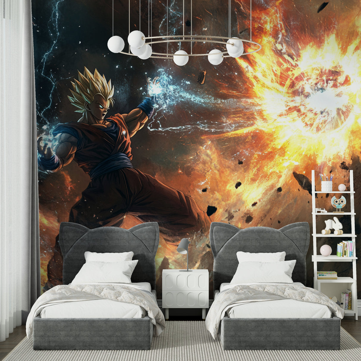 Dragon Ball Z wallpaper making statement in entertainment room